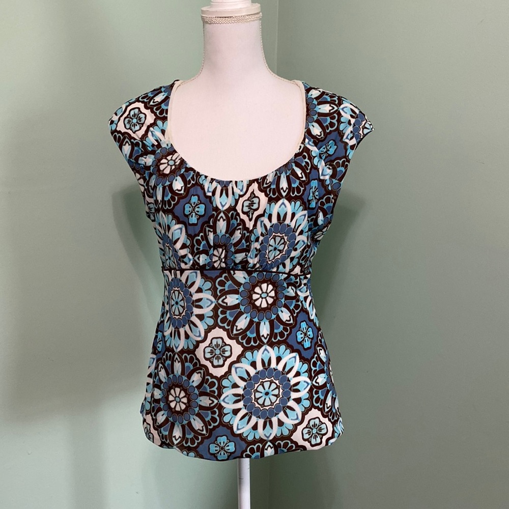 Women’s Ann Taylor Floral Geometric Blue & Brown Tunic Top